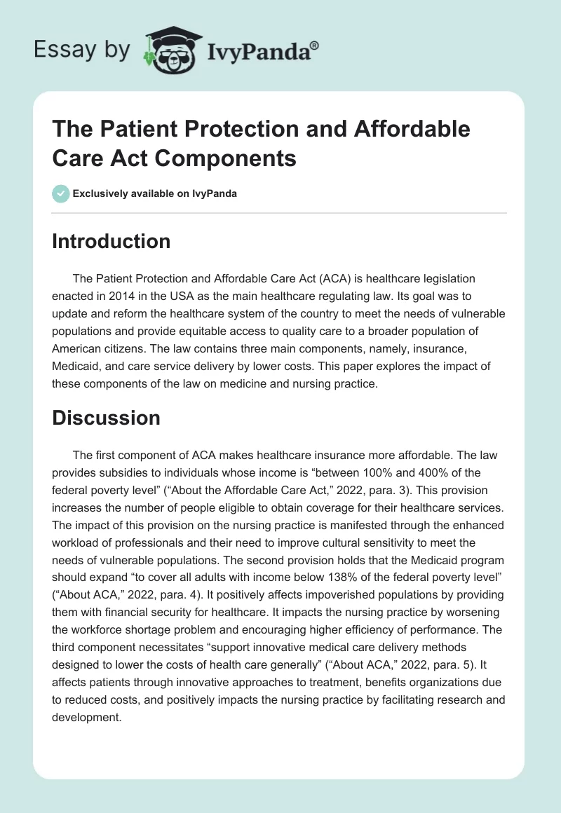 The Patient Protection and Affordable Care Act Components. Page 1