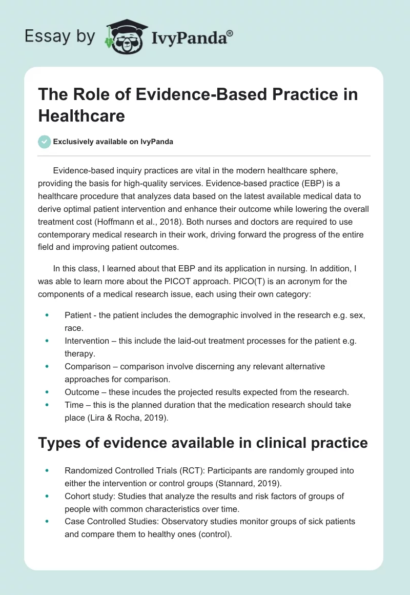 The Role of Evidence-Based Practice in Healthcare. Page 1