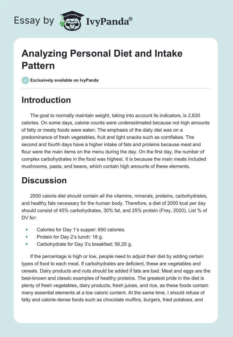 Analyzing Personal Diet and Intake Pattern. Page 1
