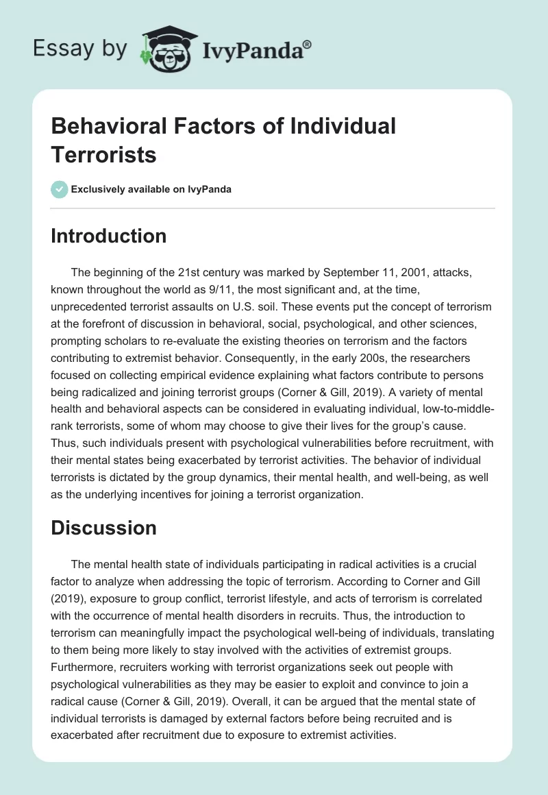 Behavioral Factors of Individual Terrorists. Page 1