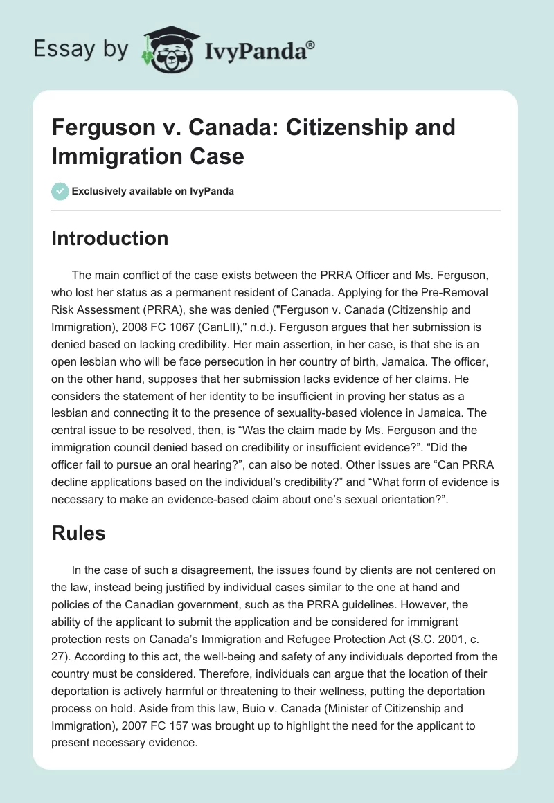 Ferguson v. Canada: Citizenship and Immigration Case. Page 1