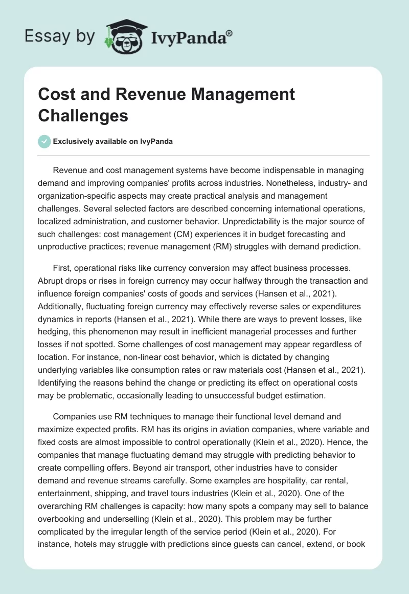 Cost and Revenue Management Challenges. Page 1