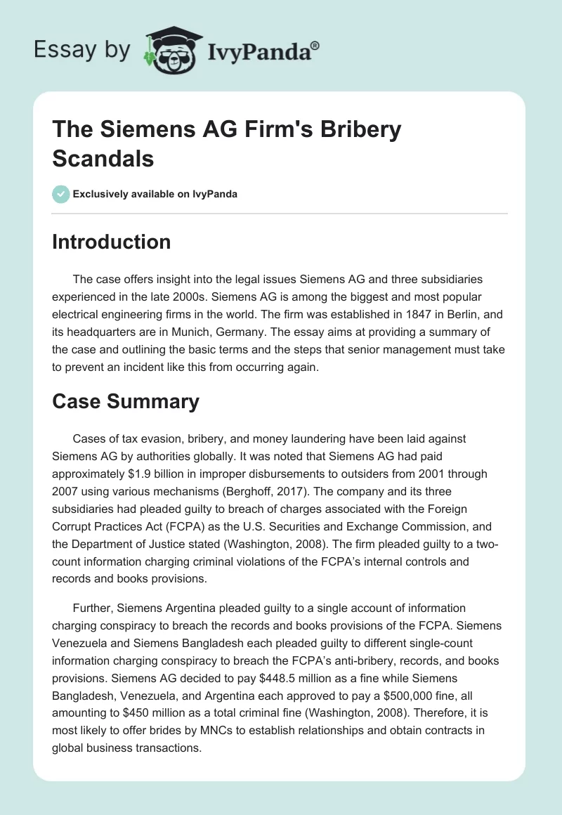 The Siemens AG Firm's Bribery Scandals. Page 1