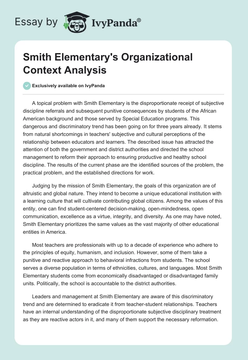 Smith Elementary’s Organizational Context Analysis. Page 1