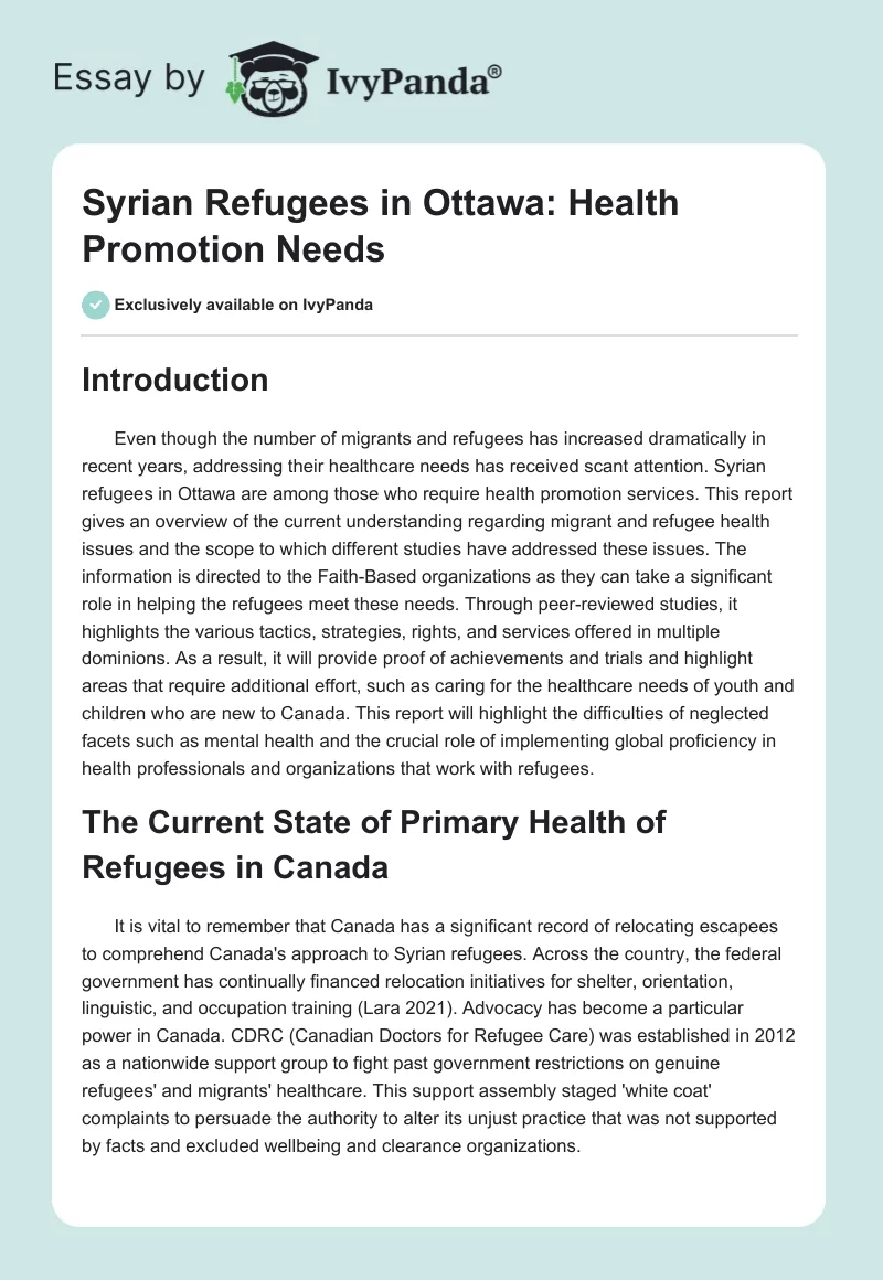 Syrian Refugees in Ottawa: Health Promotion Needs. Page 1