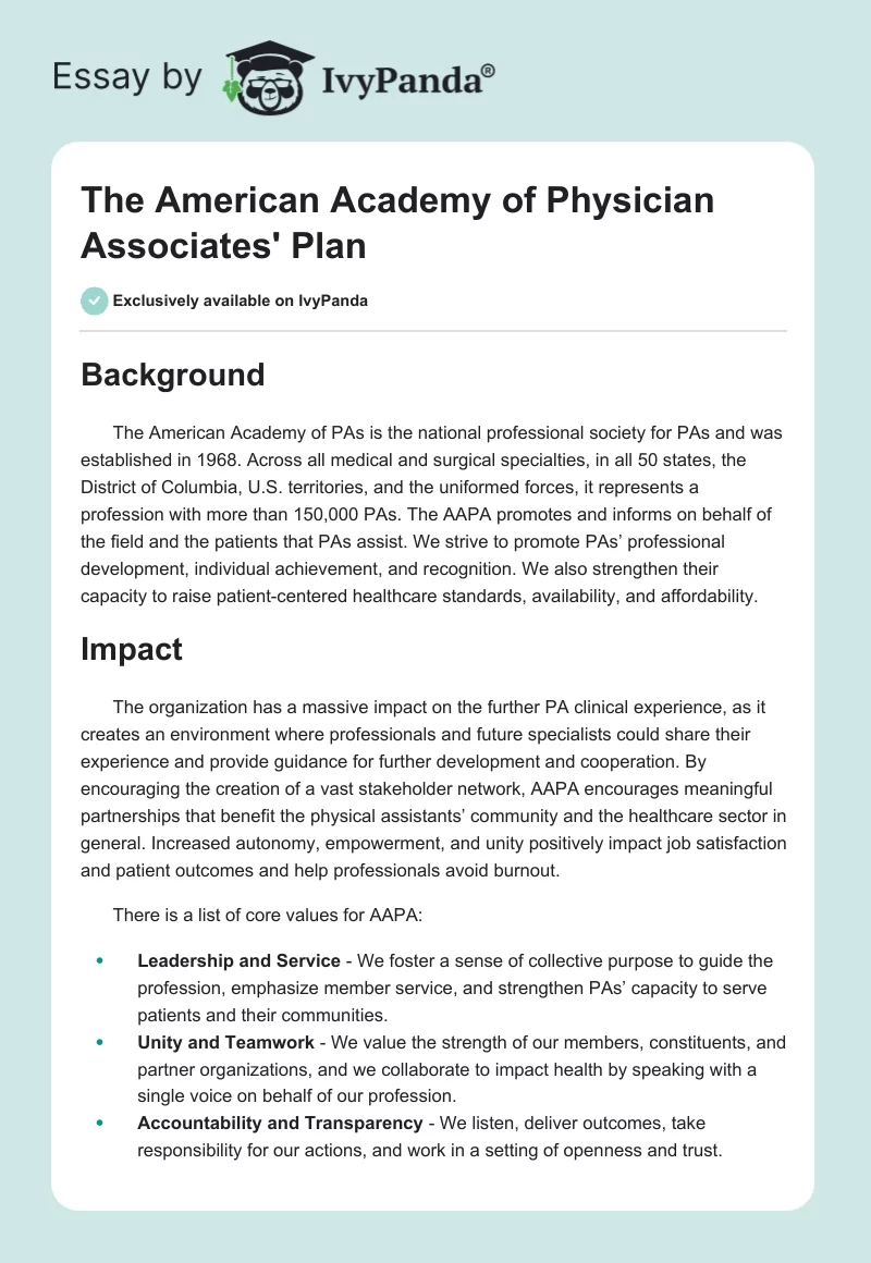 The American Academy of Physician Associates' Plan. Page 1