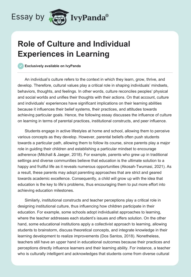Role of Culture and Individual Experiences in Learning. Page 1