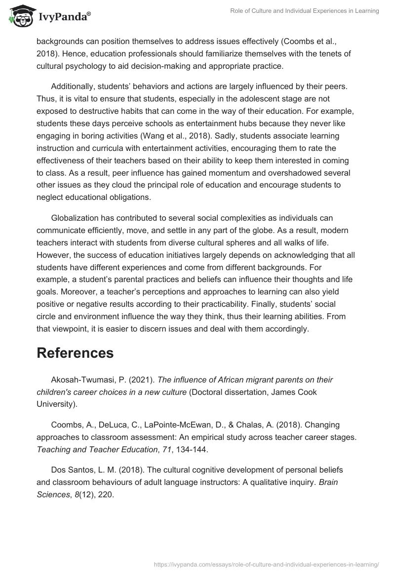 Role of Culture and Individual Experiences in Learning. Page 2