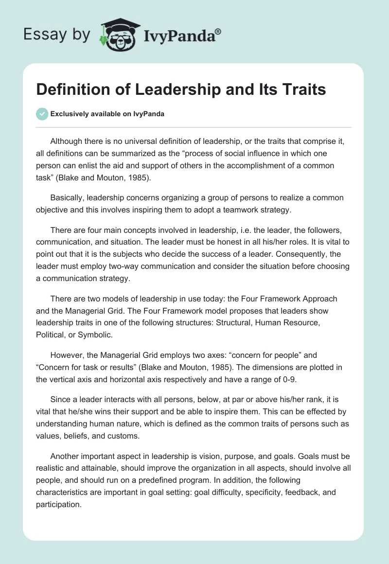 Definition of Leadership and Its Traits. Page 1