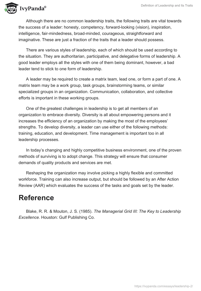 Definition of Leadership and Its Traits. Page 2