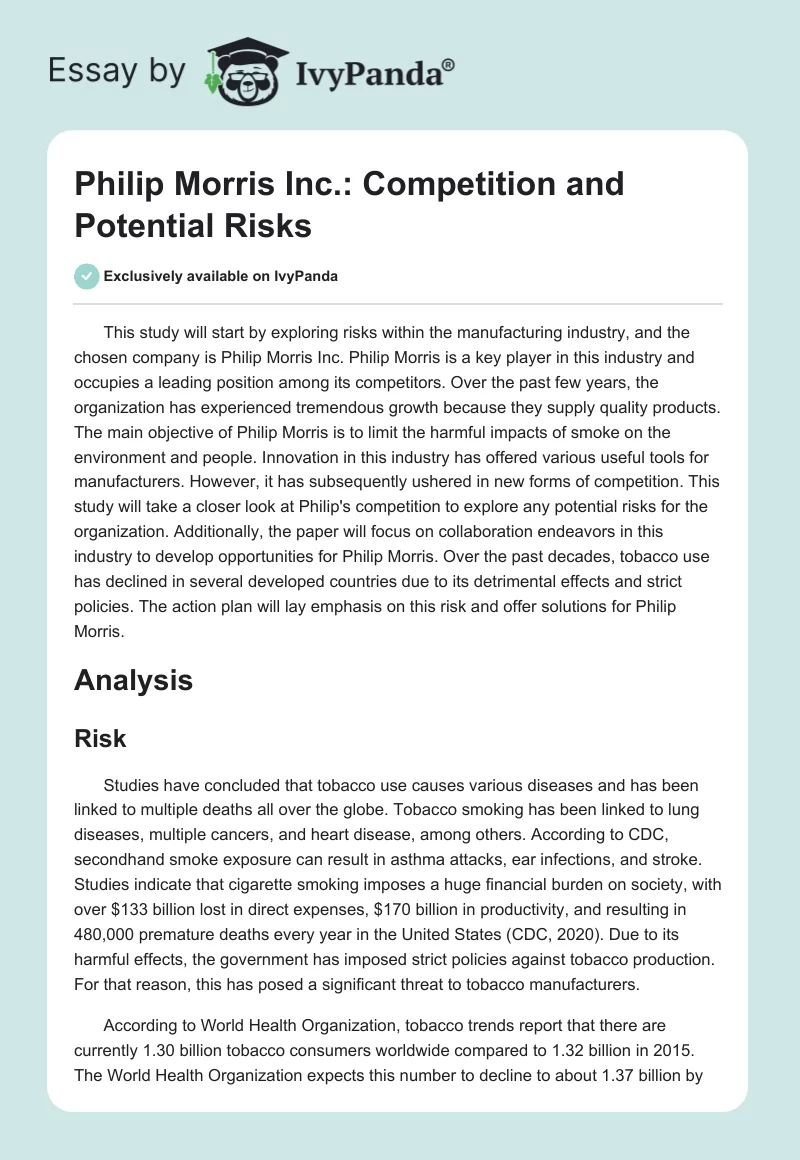 Philip Morris Inc.: Competition and Potential Risks. Page 1