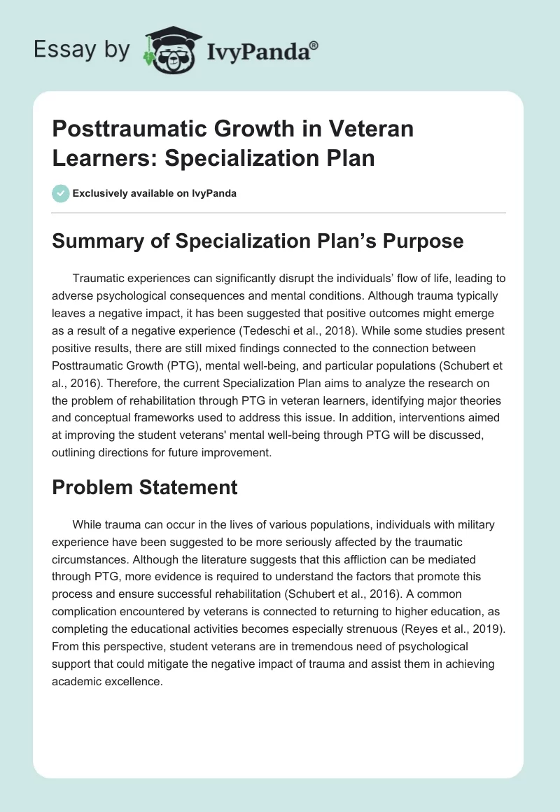 Posttraumatic Growth in Veteran Learners: Specialization Plan. Page 1