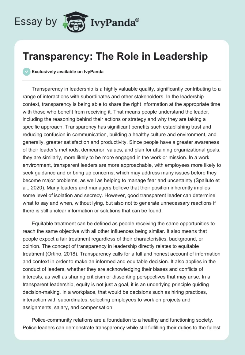 Transparency: The Role in Leadership. Page 1
