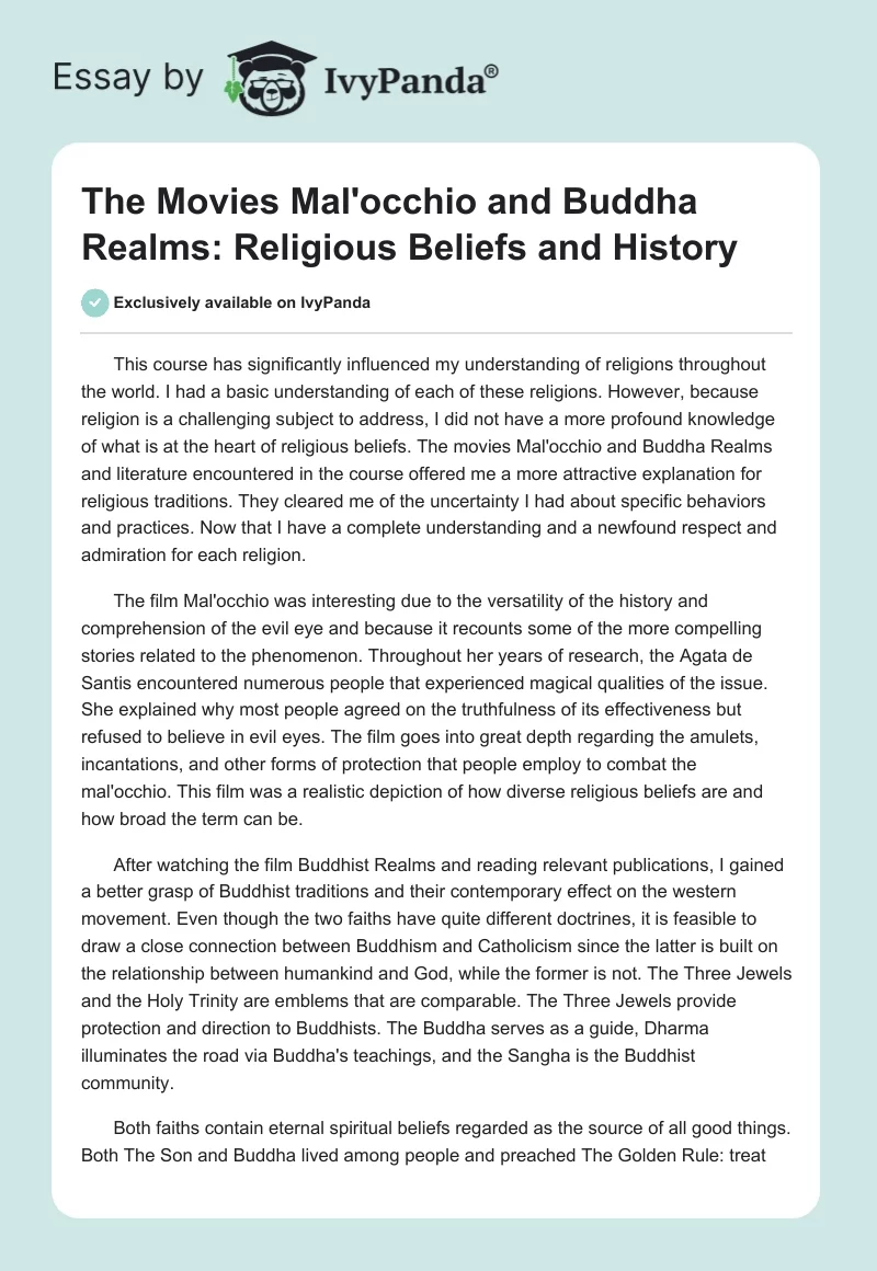 The Movies "Mal'occhio" and "Buddha Realms": Religious Beliefs and History. Page 1