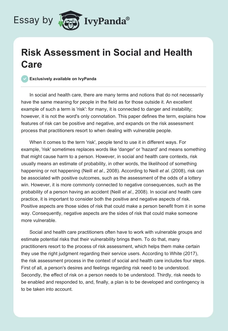 Risk Assessment in Social and Health Care. Page 1