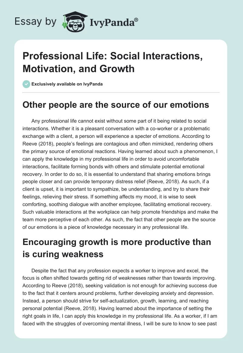 Professional Life: Social Interactions, Motivation, and Growth. Page 1
