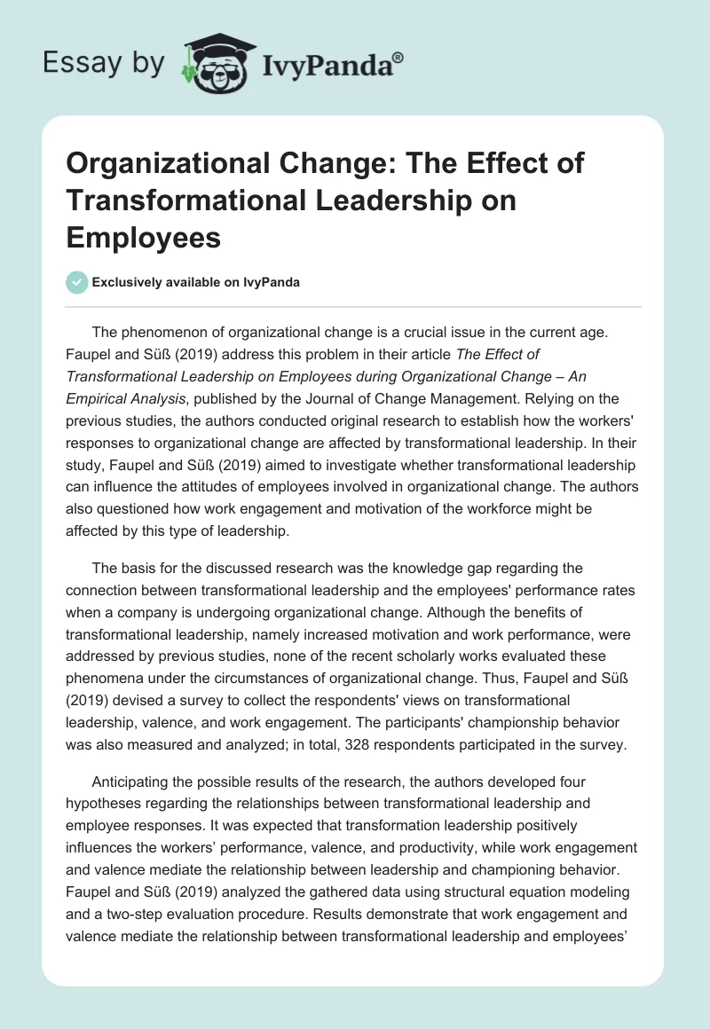 Organizational Change: The Effect of Transformational Leadership on Employees. Page 1