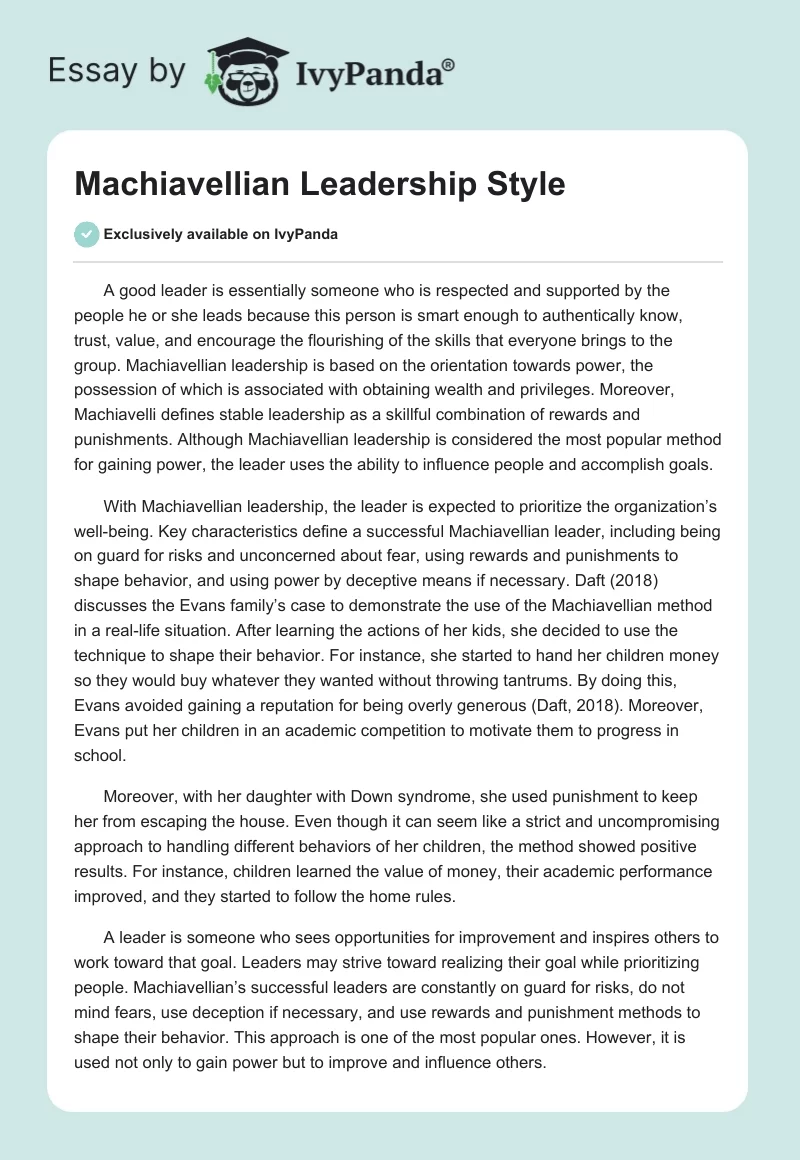Machiavellian Leadership Style. Page 1