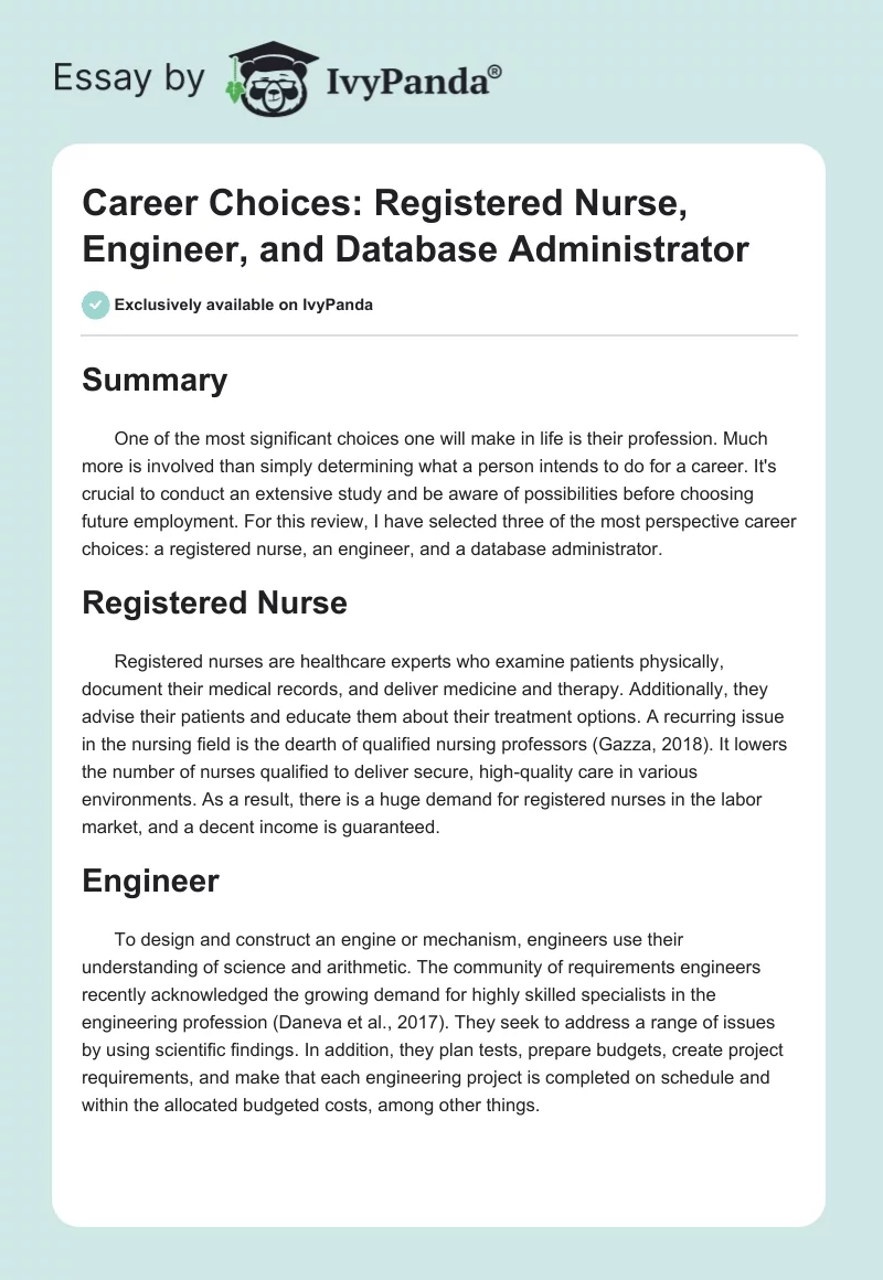 Career Choices: Registered Nurse, Engineer, and Database Administrator. Page 1