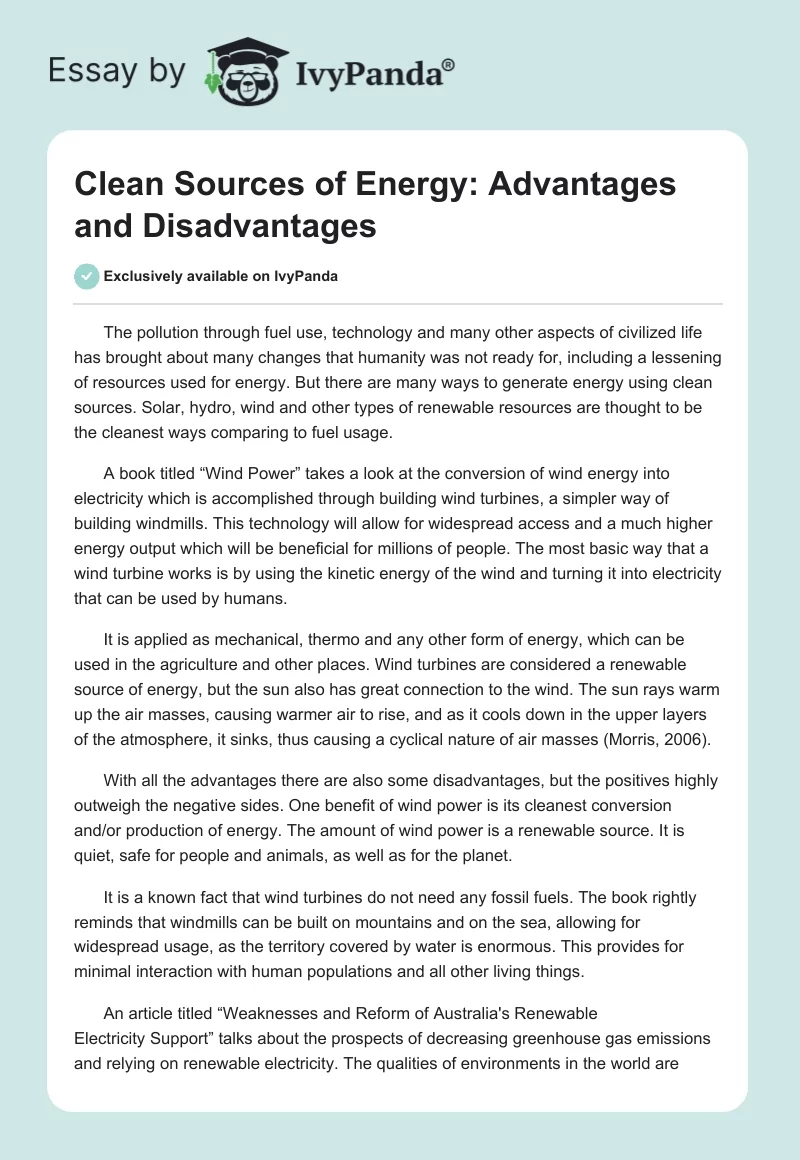 Clean Sources of Energy: Advantages and Disadvantages. Page 1