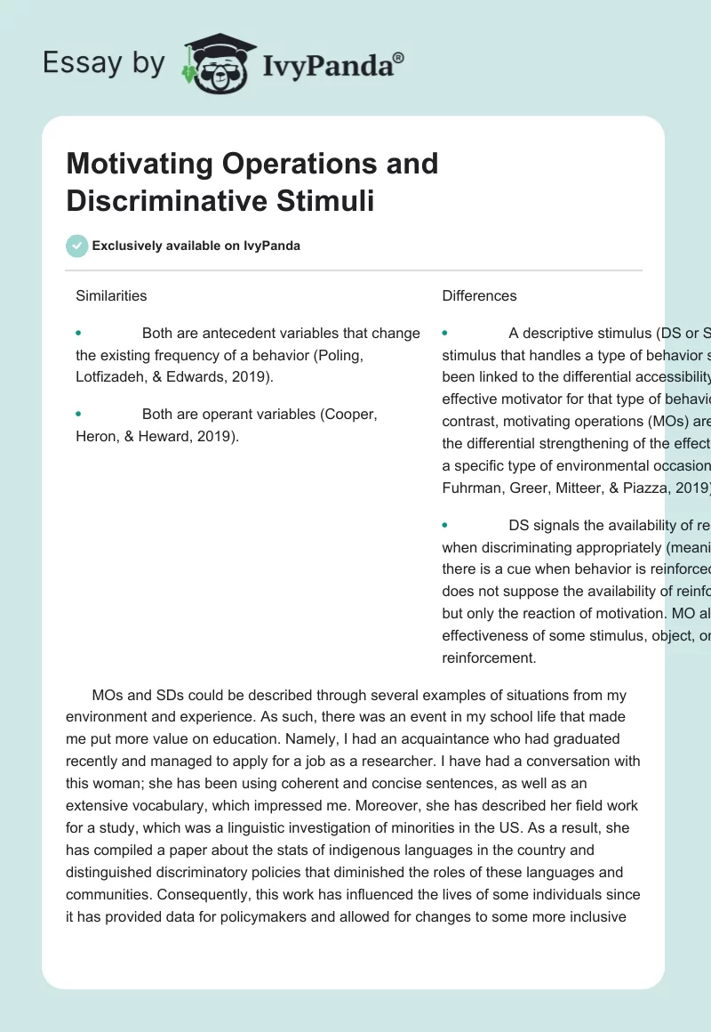 Motivating Operations and Discriminative Stimuli. Page 1