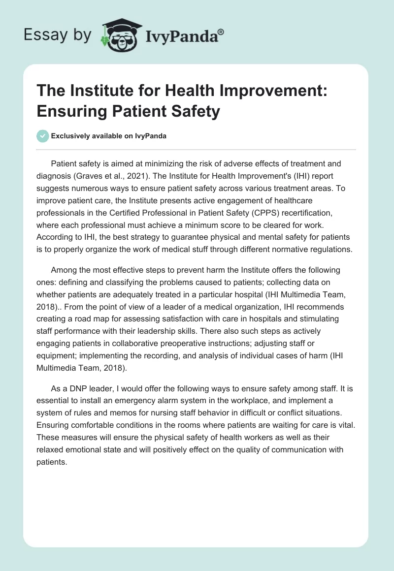 The Institute for Health Improvement: Ensuring Patient Safety. Page 1