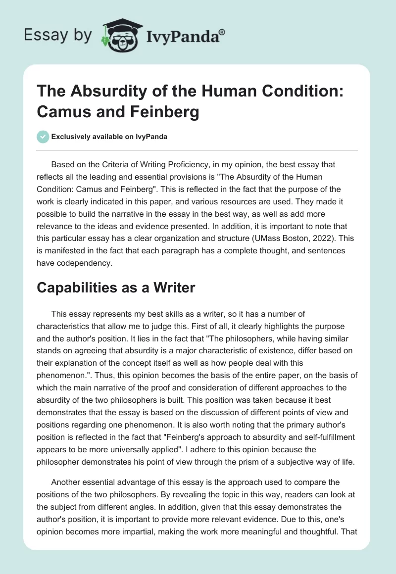 The Absurdity of the Human Condition: Camus and Feinberg. Page 1