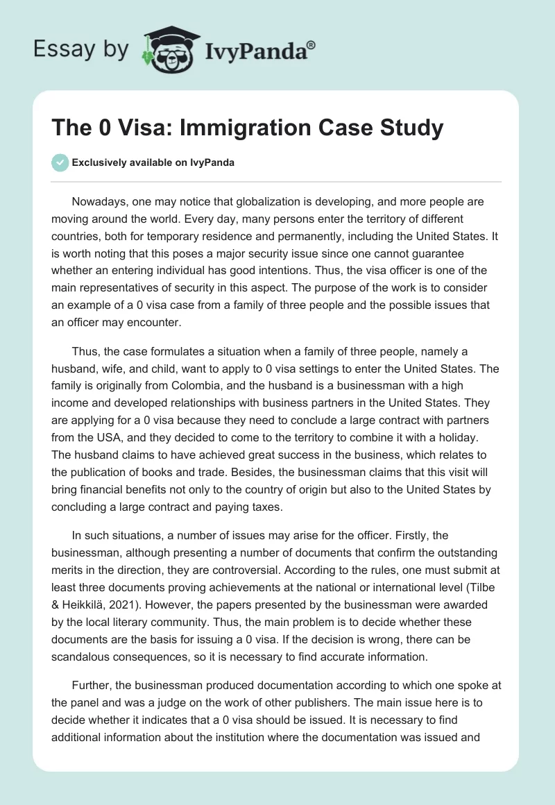 The 0 Visa: Immigration Case Study. Page 1