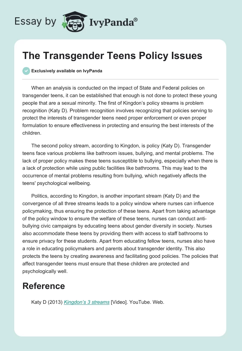 The Transgender Teens Policy Issues. Page 1