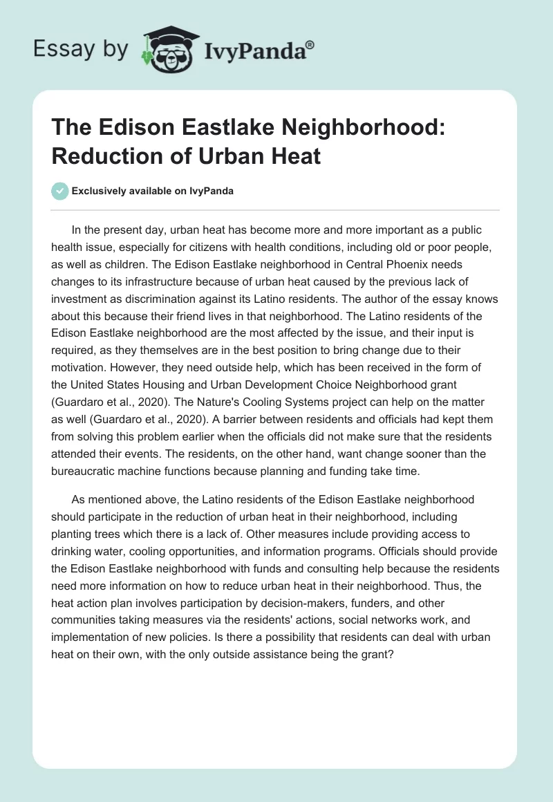 The Edison Eastlake Neighborhood: Reduction of Urban Heat. Page 1