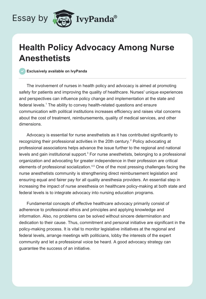 Health Policy Advocacy Among Nurse Anesthetists. Page 1