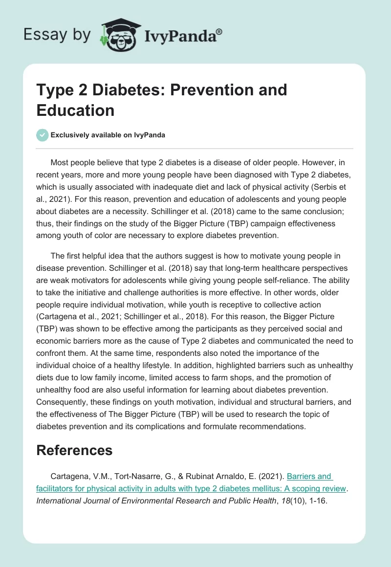 Type 2 Diabetes: Prevention and Education. Page 1