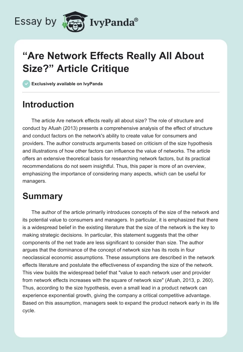 “Are Network Effects Really All About Size?” Article Critique. Page 1