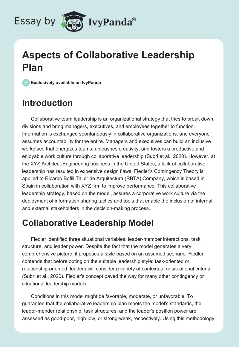 Aspects of Collaborative Leadership Plan. Page 1