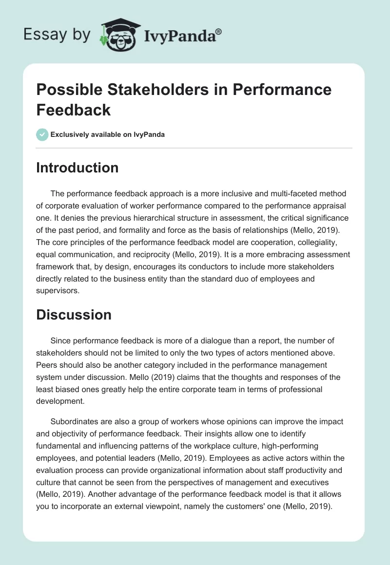 Possible Stakeholders in Performance Feedback. Page 1