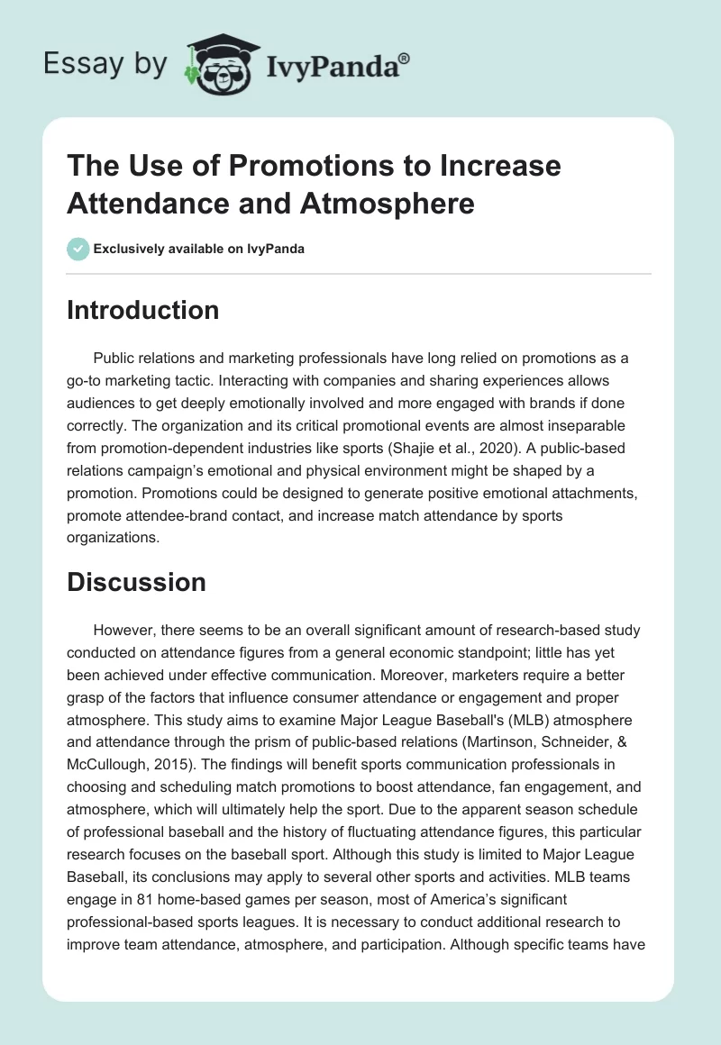 The Use of Promotions to Increase Attendance and Atmosphere. Page 1