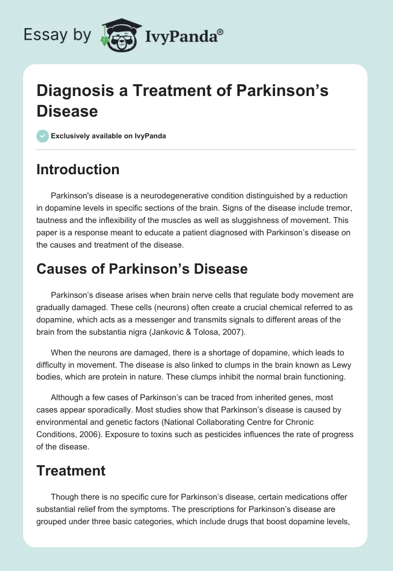 Diagnosis a Treatment of Parkinson’s Disease. Page 1
