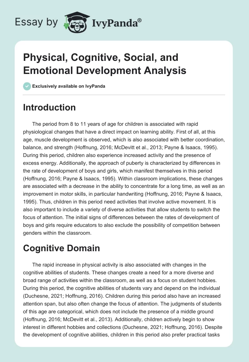 Physical, Cognitive, Social, and Emotional Development Analysis. Page 1
