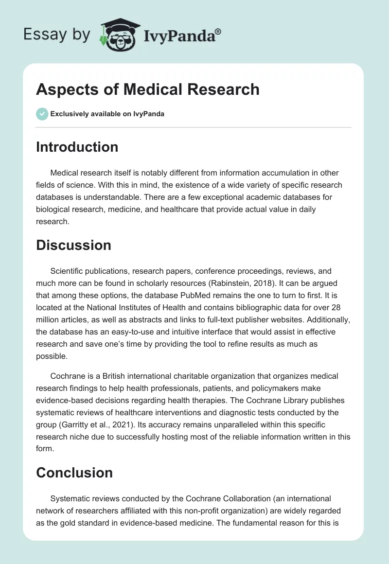 Aspects of Medical Research. Page 1