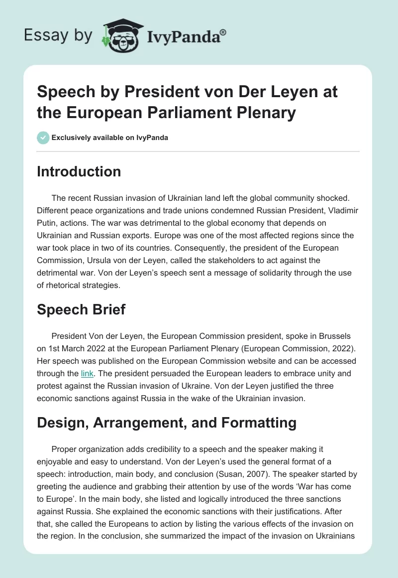 Speech by President von Der Leyen at the European Parliament Plenary. Page 1