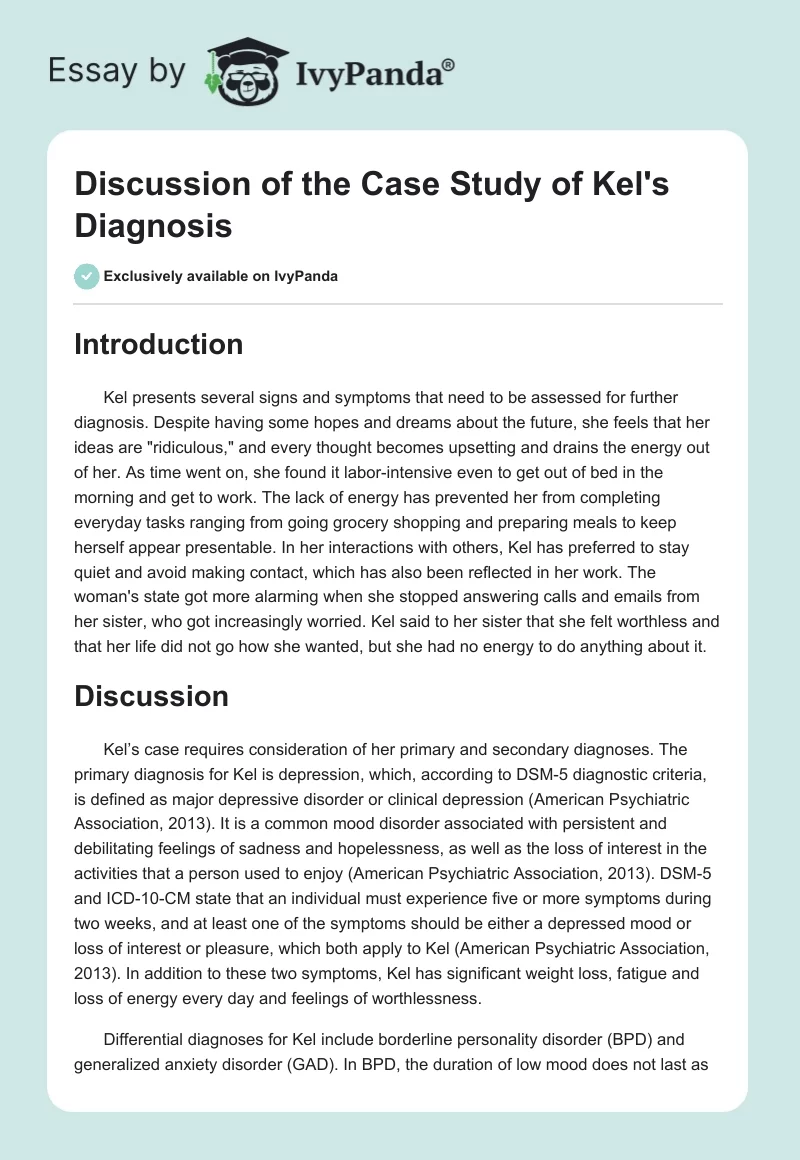 Discussion of the Case Study of Kel's Diagnosis. Page 1