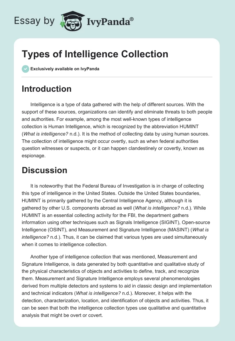 Types of Intelligence Collection. Page 1