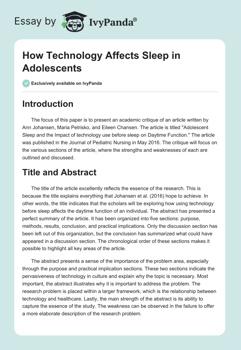 How Technology Affects Sleep in Adolescents. Page 1