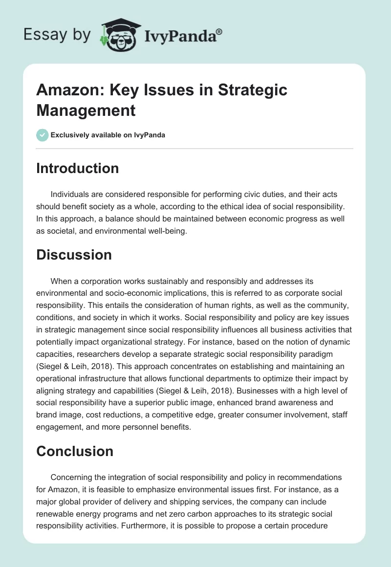 Amazon: Key Issues in Strategic Management. Page 1