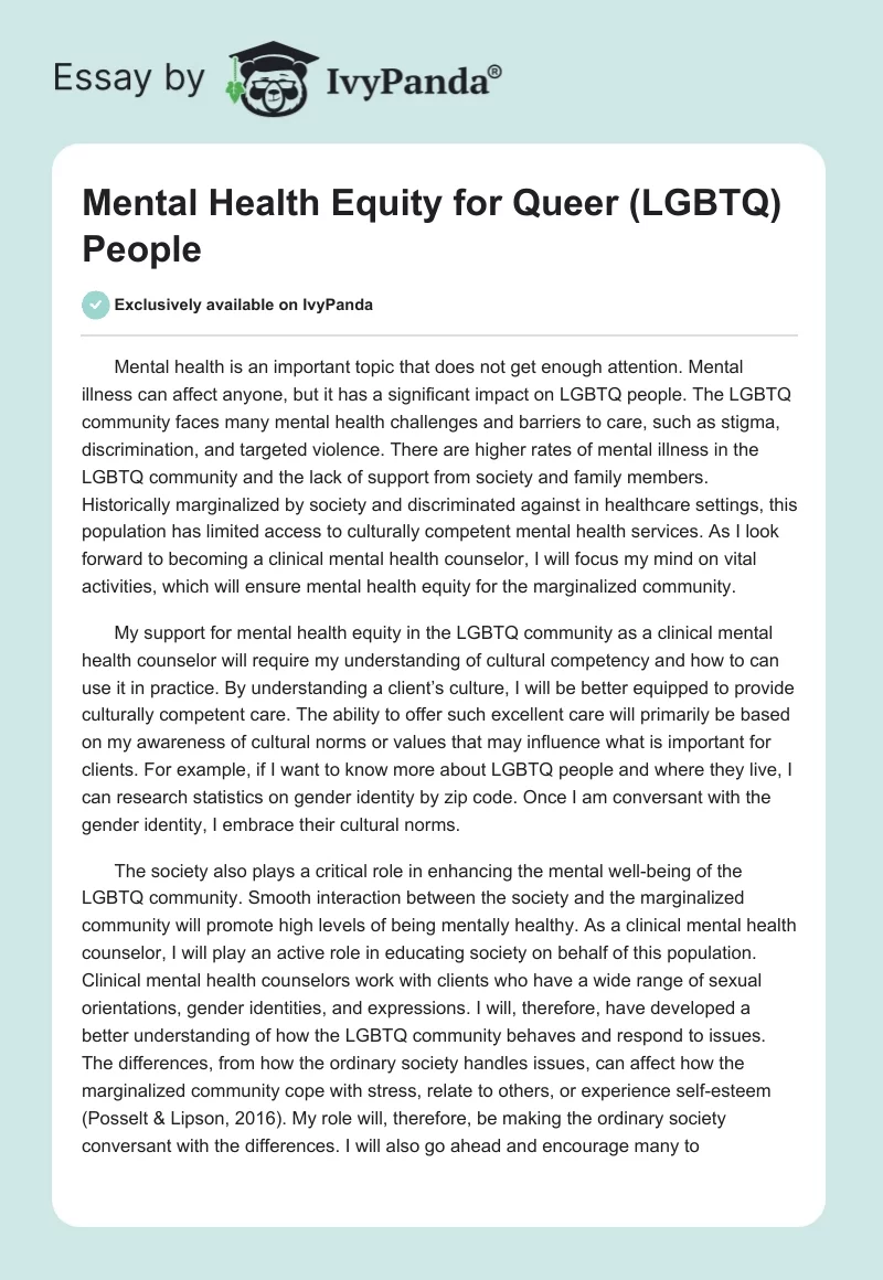 Mental Health Equity for Queer (LGBTQ) People. Page 1