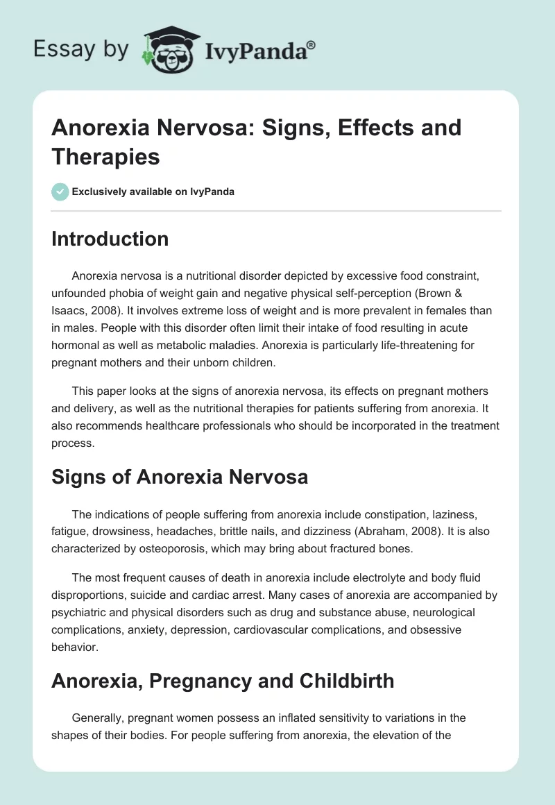 Anorexia Nervosa: Signs, Effects and Therapies. Page 1