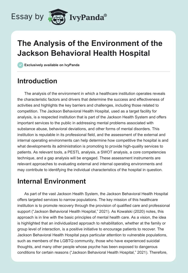 The Analysis of the Environment of the Jackson Behavioral Health Hospital. Page 1