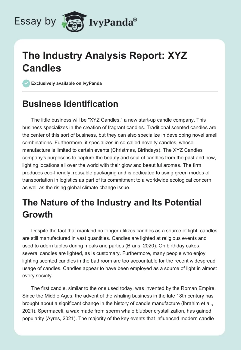The Industry Analysis Report: XYZ Candles. Page 1