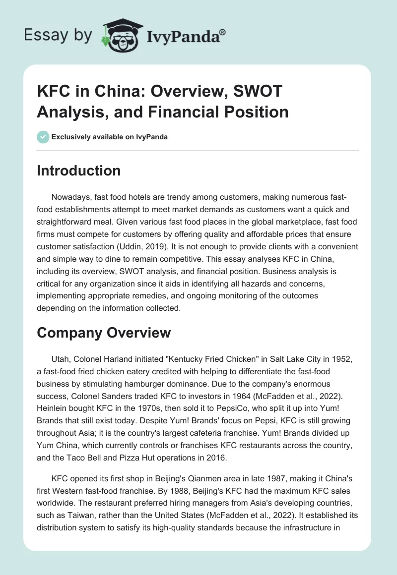 KFC in China: Overview, SWOT Analysis, and Financial Position. Page 1