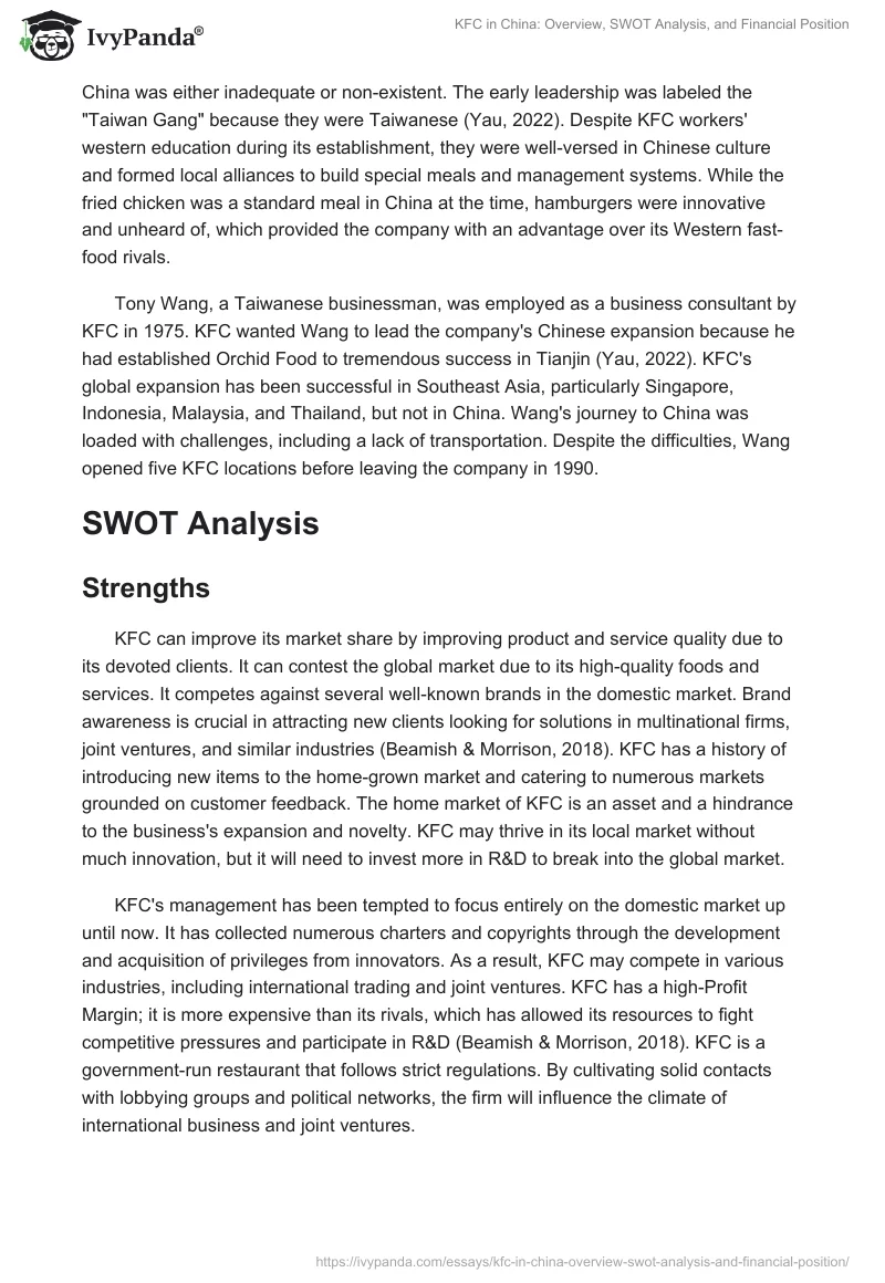KFC in China: Overview, SWOT Analysis, and Financial Position. Page 2